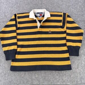 Tommy Hilfiger Sweater Mens Medium Yellow Navy Striped Rugby Cotton Shirt